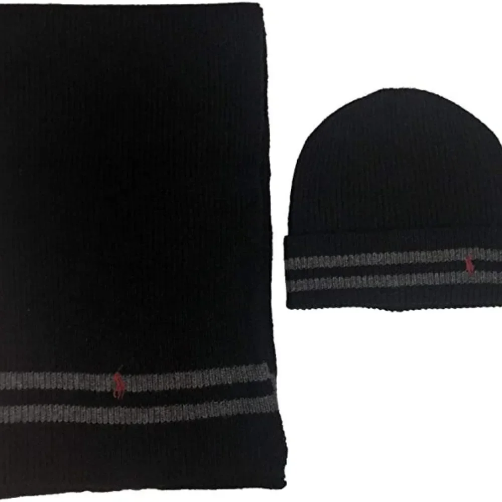 Polo Ralph Lauren Men's Black 2 Piece Set Hat & Scarf Lambswool Blend